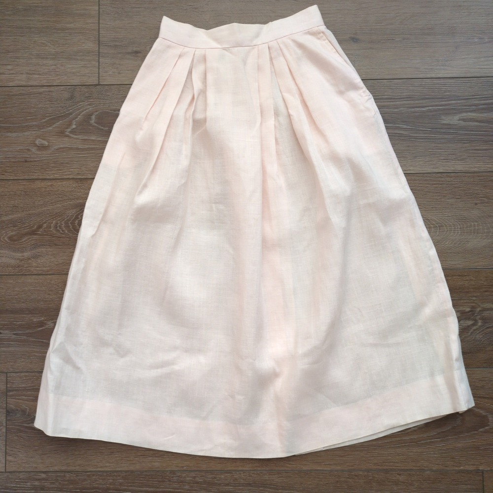 Vtg Paul Stuart Pink Linen Skirt Button Back Pleated Pockets Midi Long 8